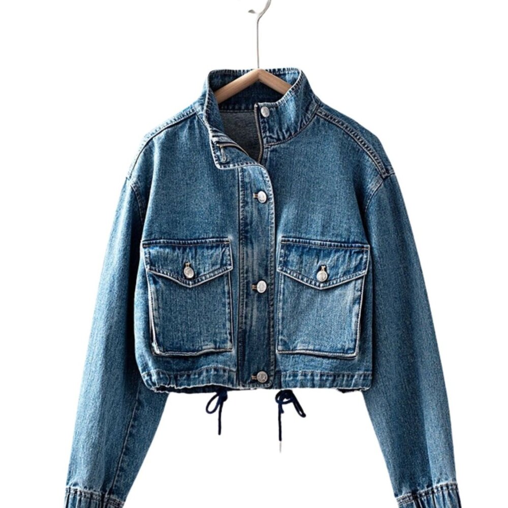 Utility Cropped Drawstring Hem Stand Collar Denim Jacket